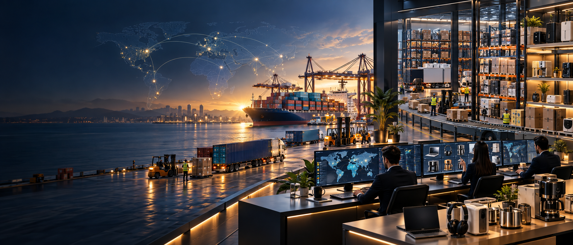Global commerce and market intelligence scene connecting trade, product markets, supply chains and analytics.
